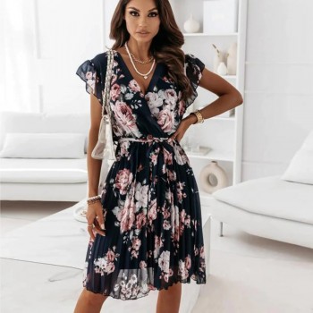 Chiffon Ruffles Sleeve Floral Print Mini Dress 2021 Summer Casual Deep V Neck Pink Pleated Office